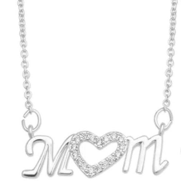 MACYS Silver Plated Cubic Zirconia Pave Mom Heart Necklace - Picture 1 of 1